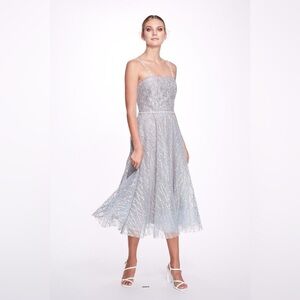 NWT $795 Marchesa Notte Silver Sleeveless Embellished Glitter Tulle Midi Dress